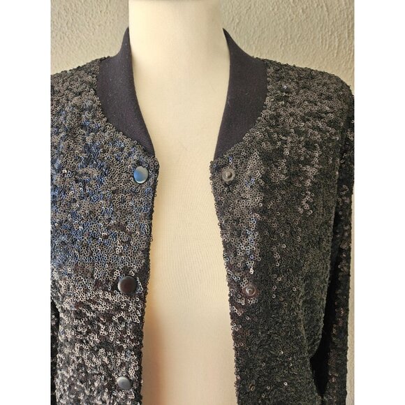 BAILEY-44 Black Sequin Bomber Jacket Snap Front Size S - Picture 5 of 6